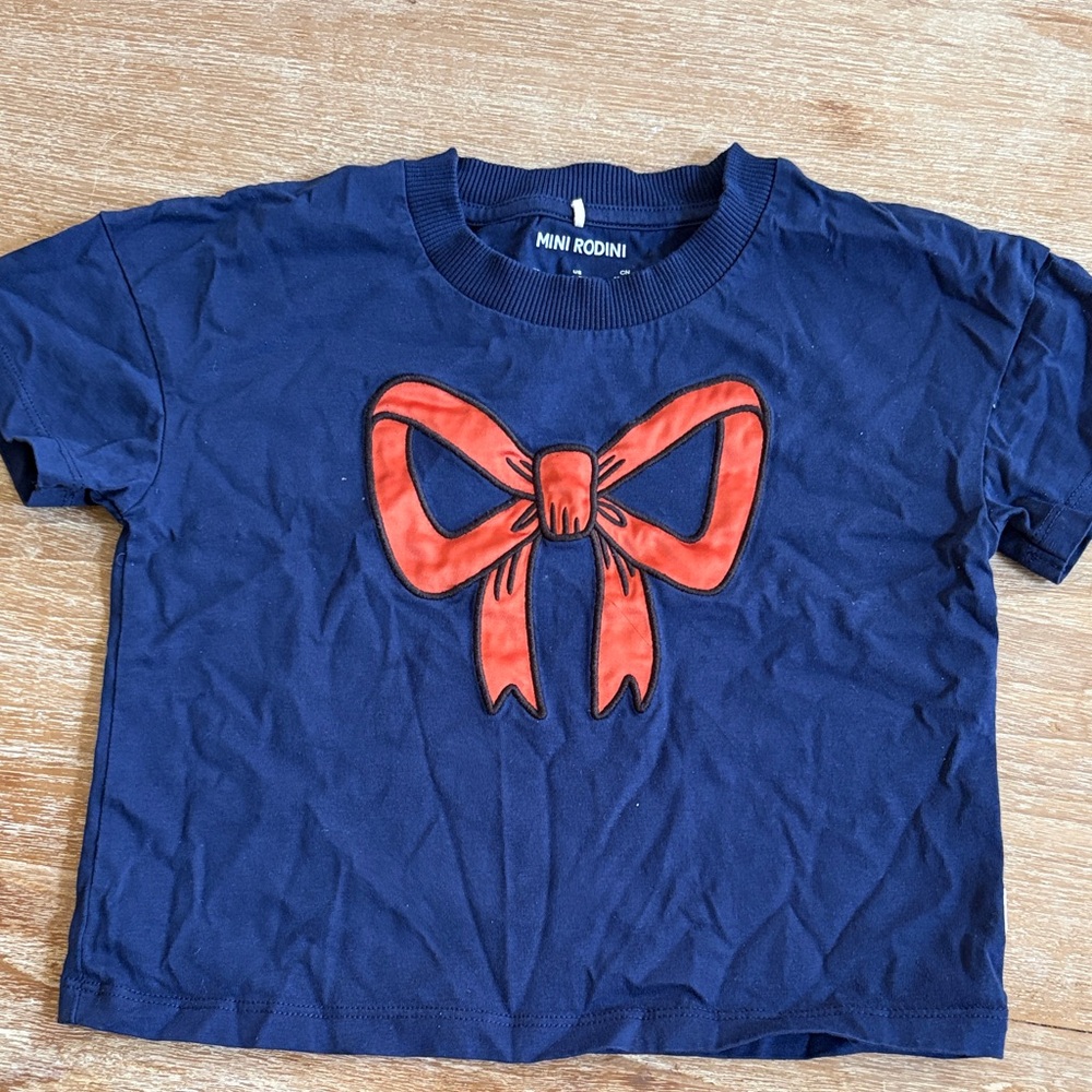 Mini Rodini Navy Tee with Red Bow Appliqué 3T